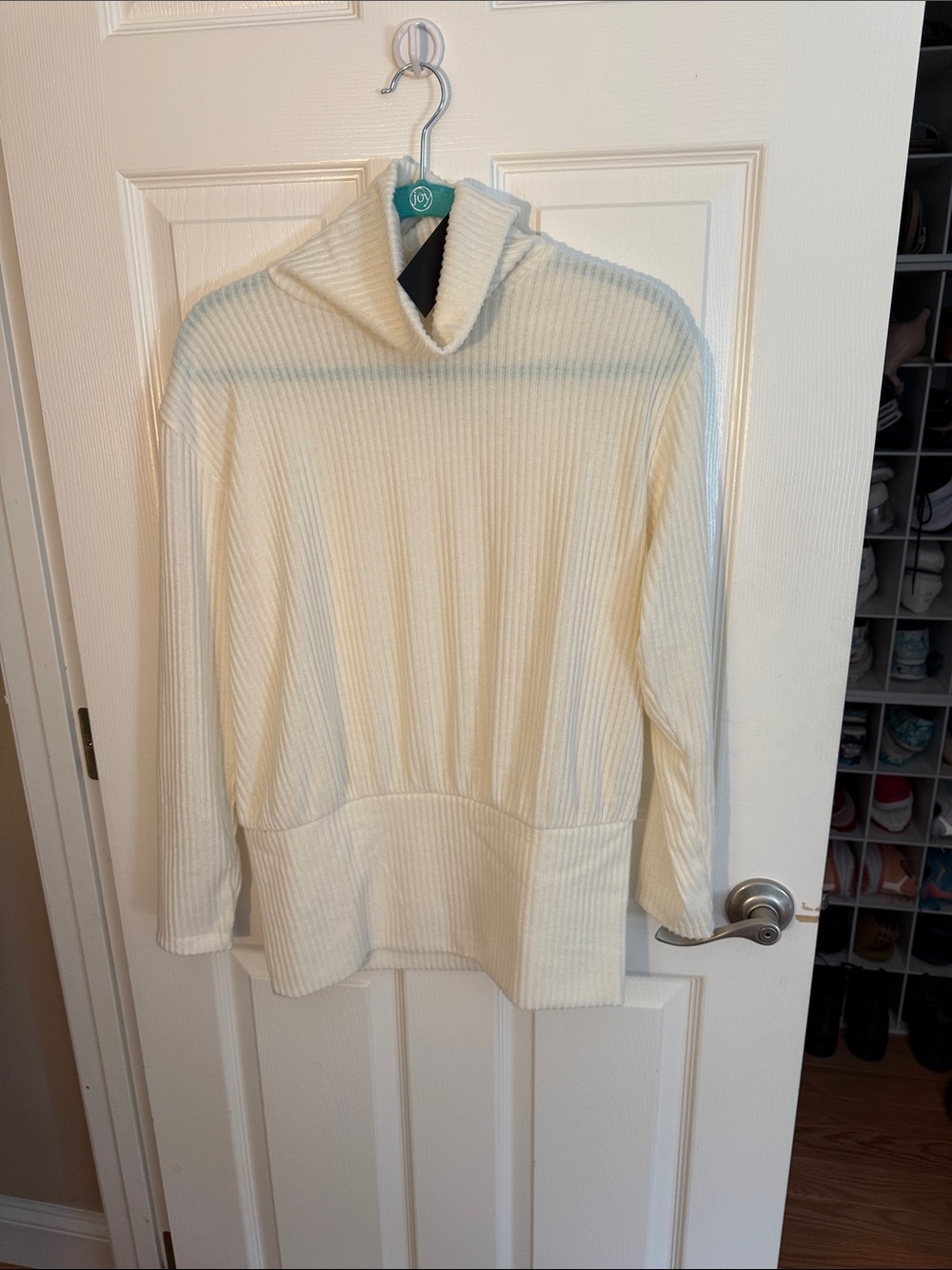 Peace Love World Cream Ribbed Funnel Neck Sweater